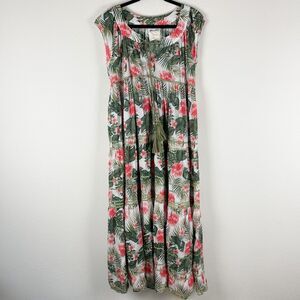 Gallabia Maxi Kaftan Dress Womens Small Green Pink Floral Tiered Tropical Hawaii